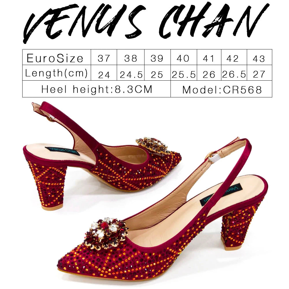 Venus Chan Nigerian Women Heel Party Ladies Italian Design Shoes And Bag Set Decorated with Rhinestone Handbag Wedding Party