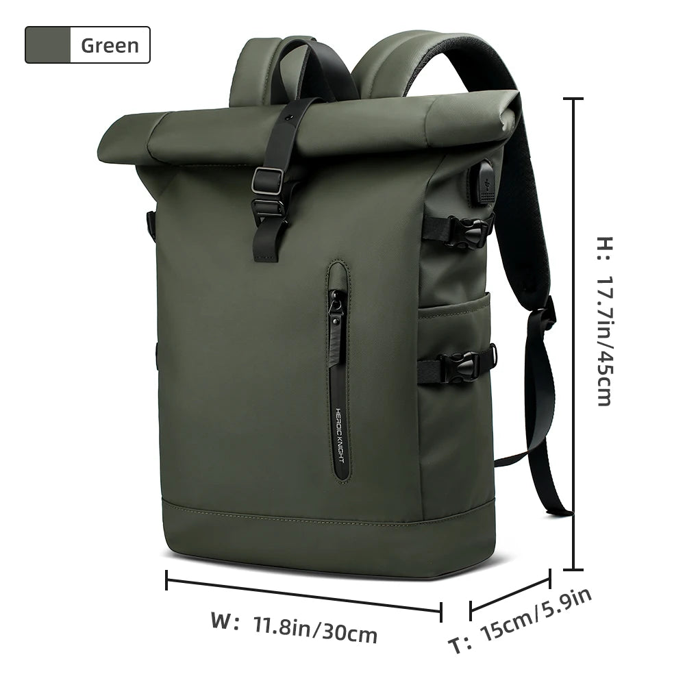 HK Expandable Waterproof Travel Backpack for Men Roll-Top Large Capacity 15.6 Inch Laptop Backpack with USB Hiking Camping Pack