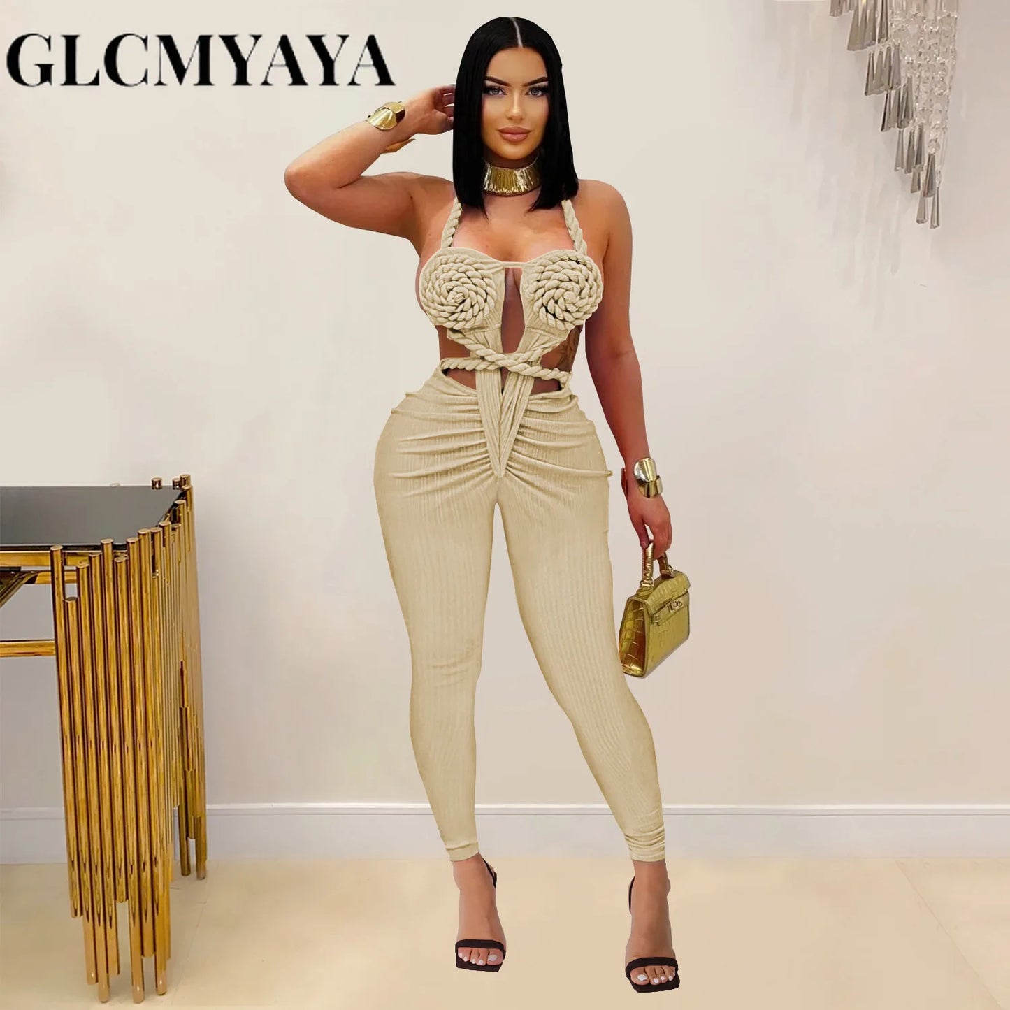 GLCMYAYA Women Halter Neck Knit Ribbed Ruched Stacked Jumpsuits 2025 Summer Vacation Beach Romper Playsuit One Piece Set Outfits
