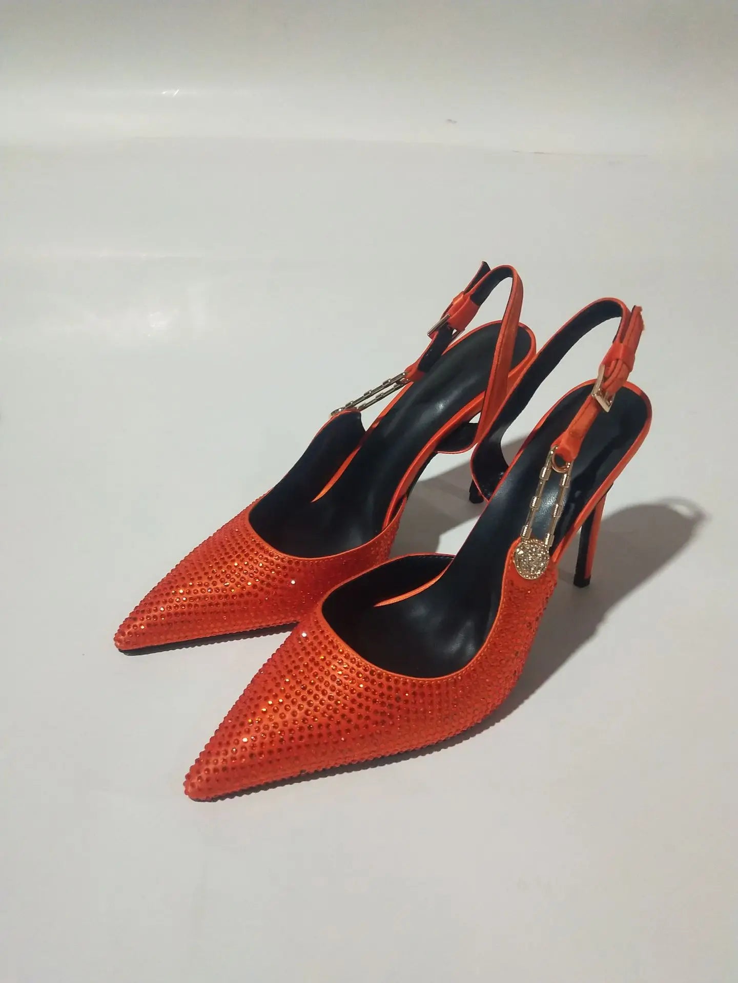 2025Women's Sexy Silk Rhinestone Pumps Belt Buckle Back Hollow Pointed Toe Thin Heel Sandals Pumps Female High Heels Party Shoes