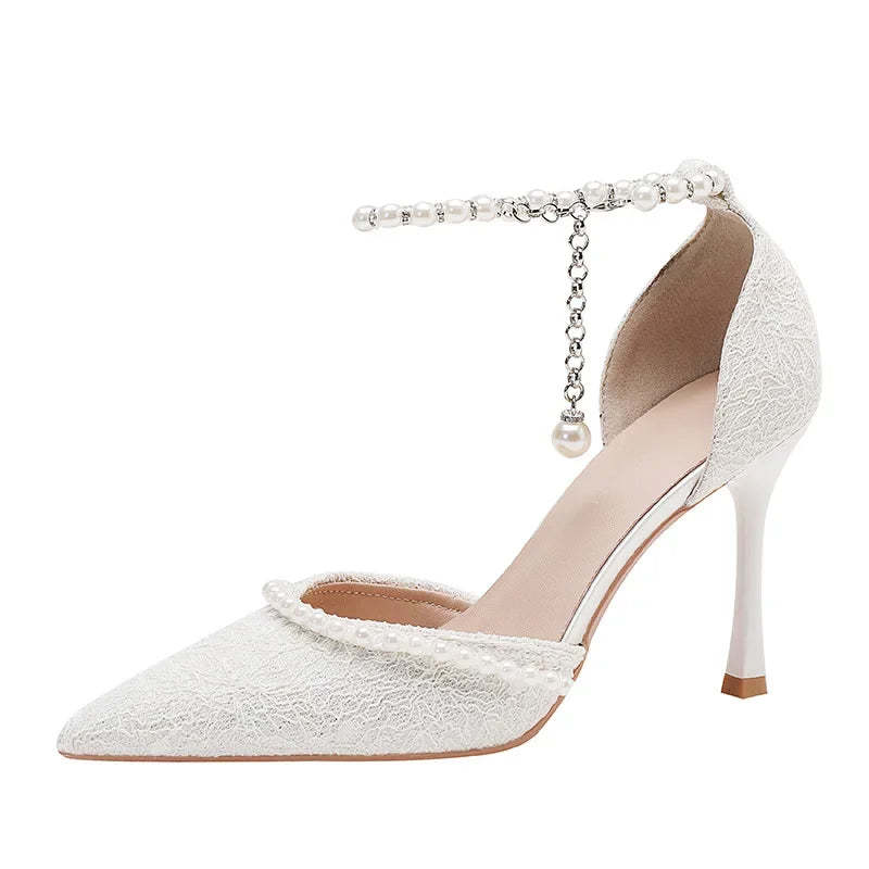 Size 30-44 Pearls Strap High Heels Lace Women White Wedding Shoes Stiletto Heel Point Toe Bride Bridesmaid