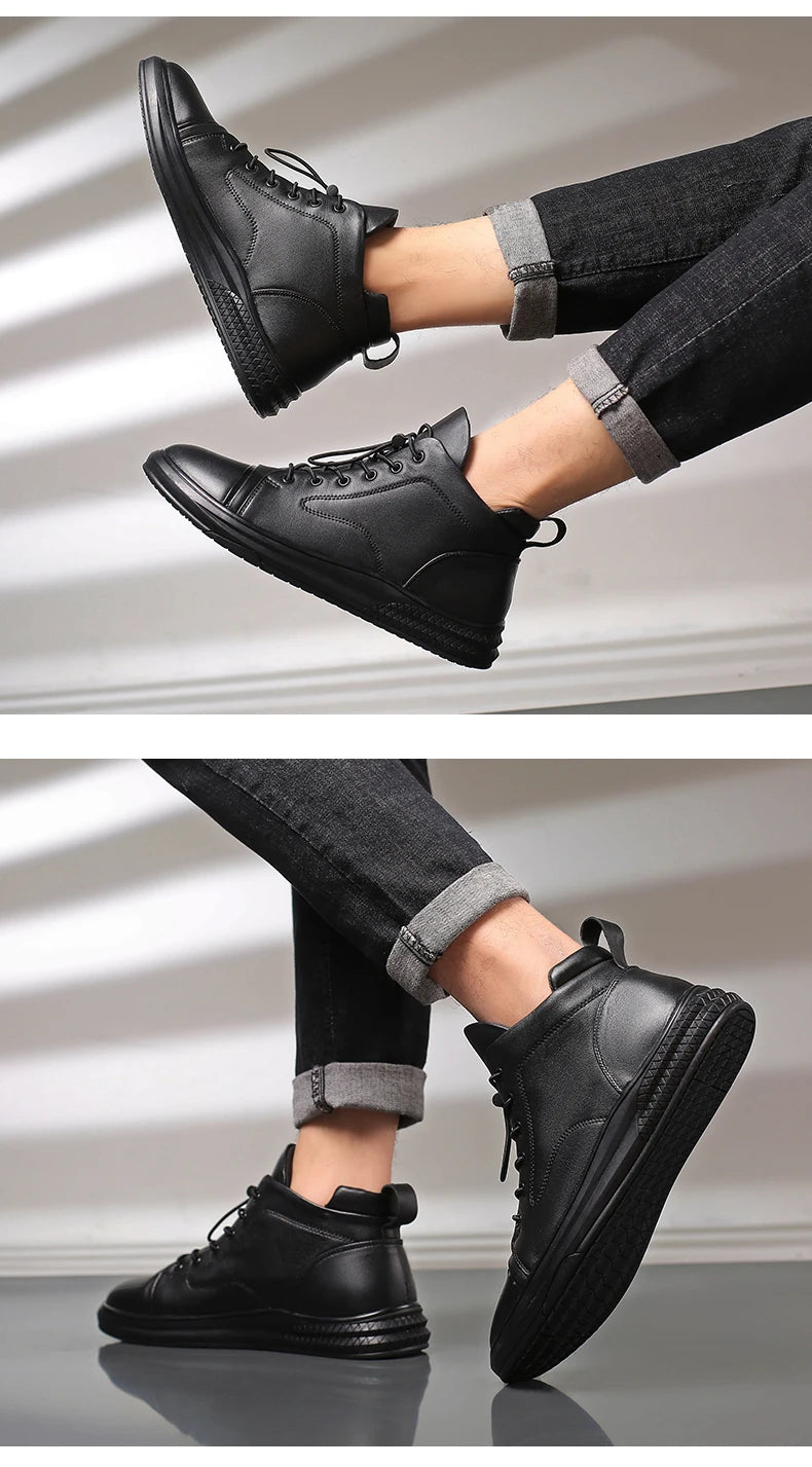 Genuine Leather Men's Casual Shoes Fashion High Top Sneakers Shoes Winter Wool Fur Warm Men Boots Outdoor Snow Non-Slip Footwear