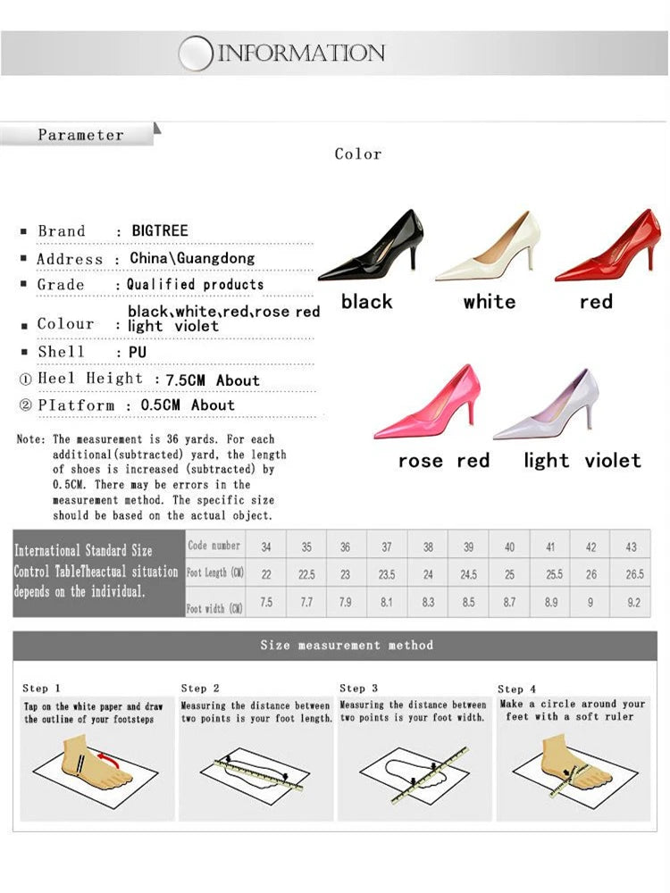 BIGTREE Elegant Simple Woman Heels Slim Heels High Heels Shallow Mouth Pointed Crystal Patent Leather Single Shoes  Women Shoes