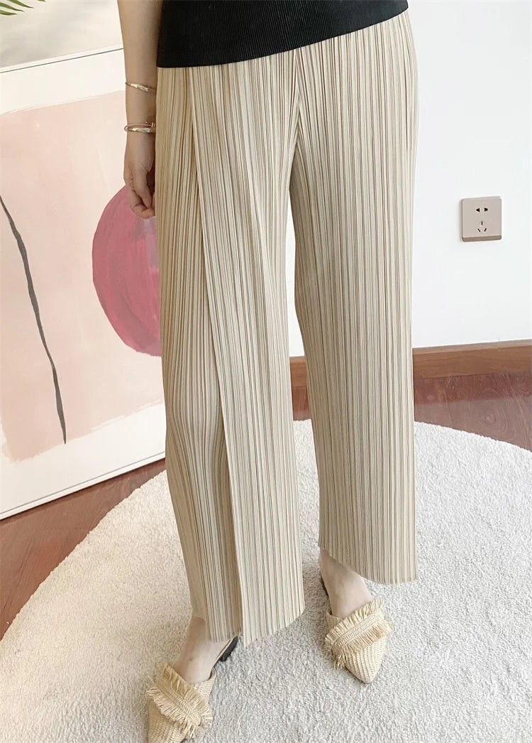 Miyake Pleated Black High Waist Split Side Straight Pants Women Causal Loose Cropped Trousers