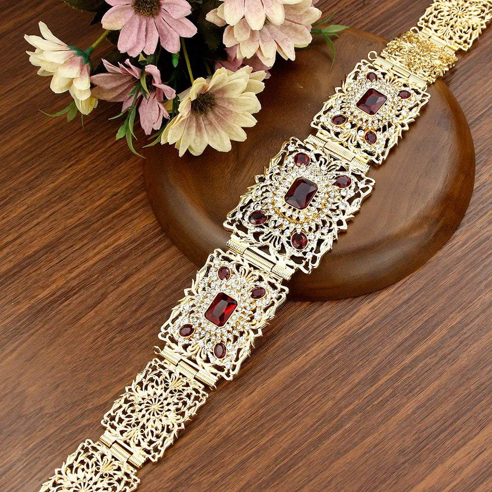 Sunspicems Gold Color Blue Crystal Morocco Caftan Belt For Women Algera Bride Wedding Belt Jewelry Decorative Waist Chain