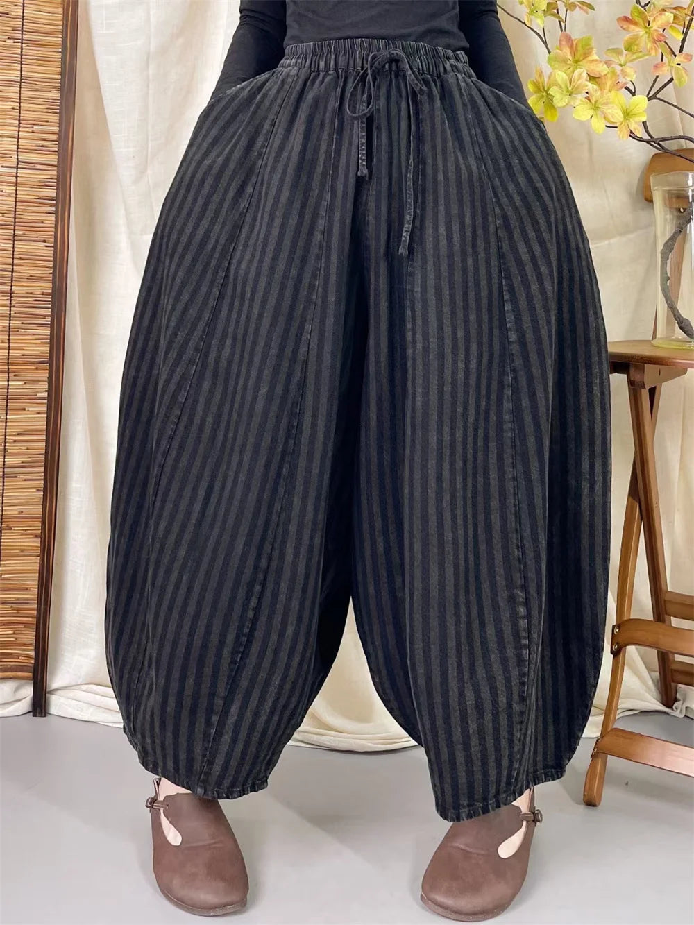 High Quality Cotton Linen Casual Pants Women New Arrival 2024 Autumn Vintage Style Striped Female High Waist Harem Pants M075