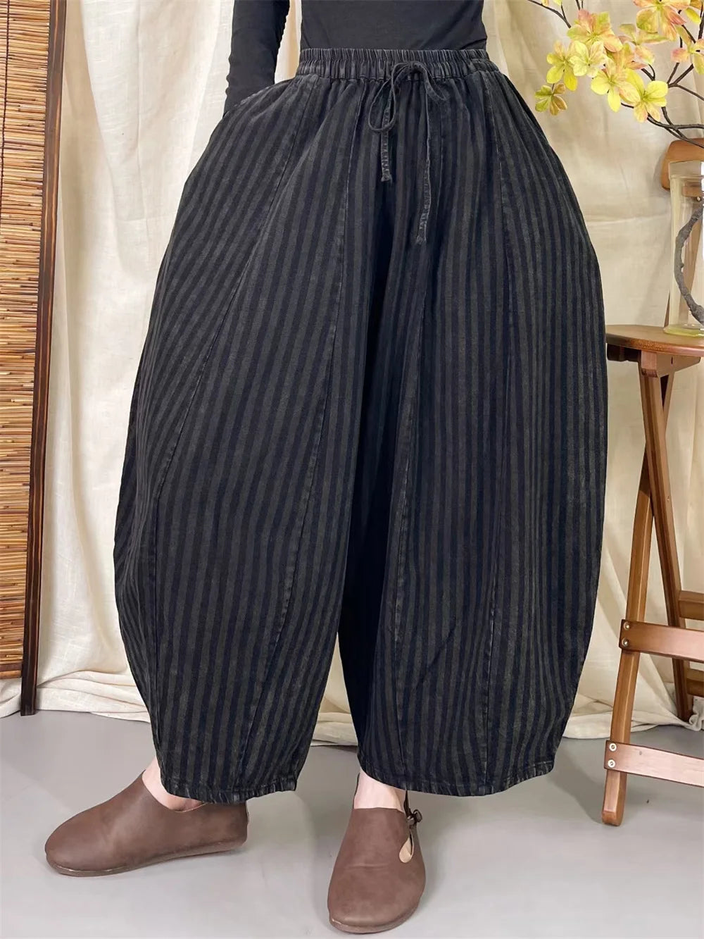 High Quality Cotton Linen Casual Pants Women New Arrival 2024 Autumn Vintage Style Striped Female High Waist Harem Pants M075