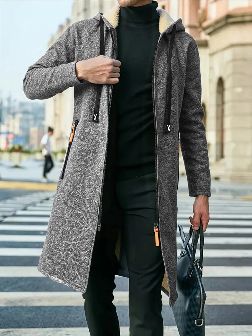 Men's Thickened Overcoat Jackets Winter Warm Zipper Hoodies Long Sleeve Sweatshirts Outdoor Casual Solid Color Streetwear Tops