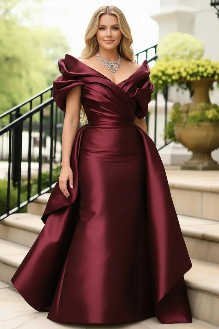 Plus Size Satin Evening Dress for Women's Off Shoulder Puff Sleeve Solid Elegant Cocktail Wedding Guest Maxi Dresses