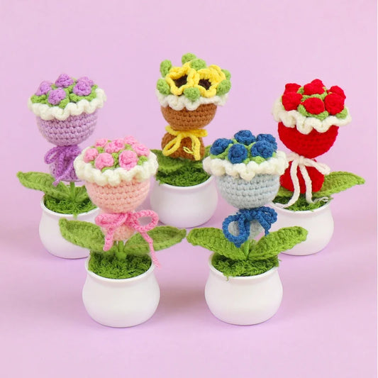 Finished Handmade Crocheted Rose Bridal Bouquet Potted Car Decoration Simulation Wool Flowers Office Decoration Creative