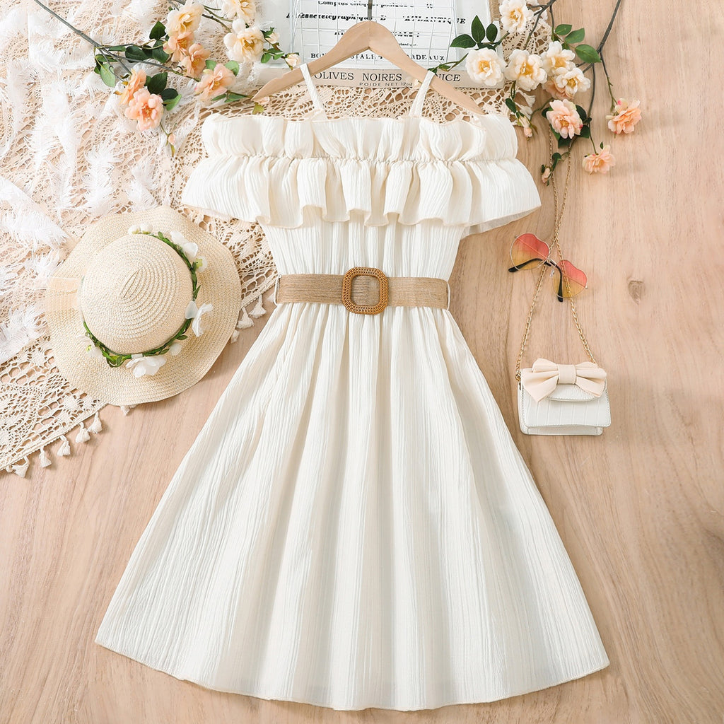 Summer Girl Dress Off Shoulder Fashion Girl Clothes Teenager Beach Dress with Belt Kid Outfits Children Clothing Plus Size Teens