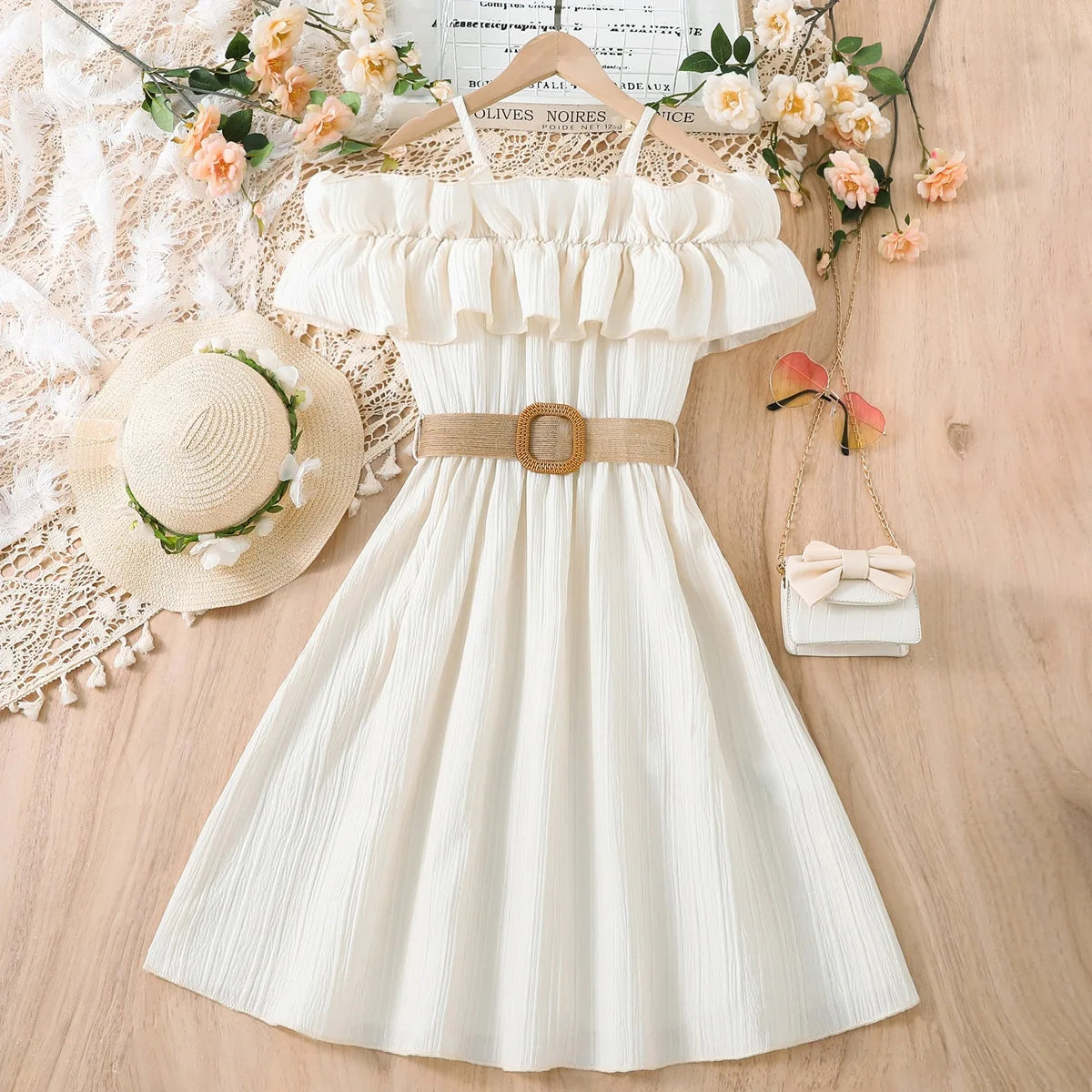 Summer Girl Dress Off Shoulder Fashion Girl Clothes Teenager Beach Dress with Belt Kid Outfits Children Clothing Plus Size Teens