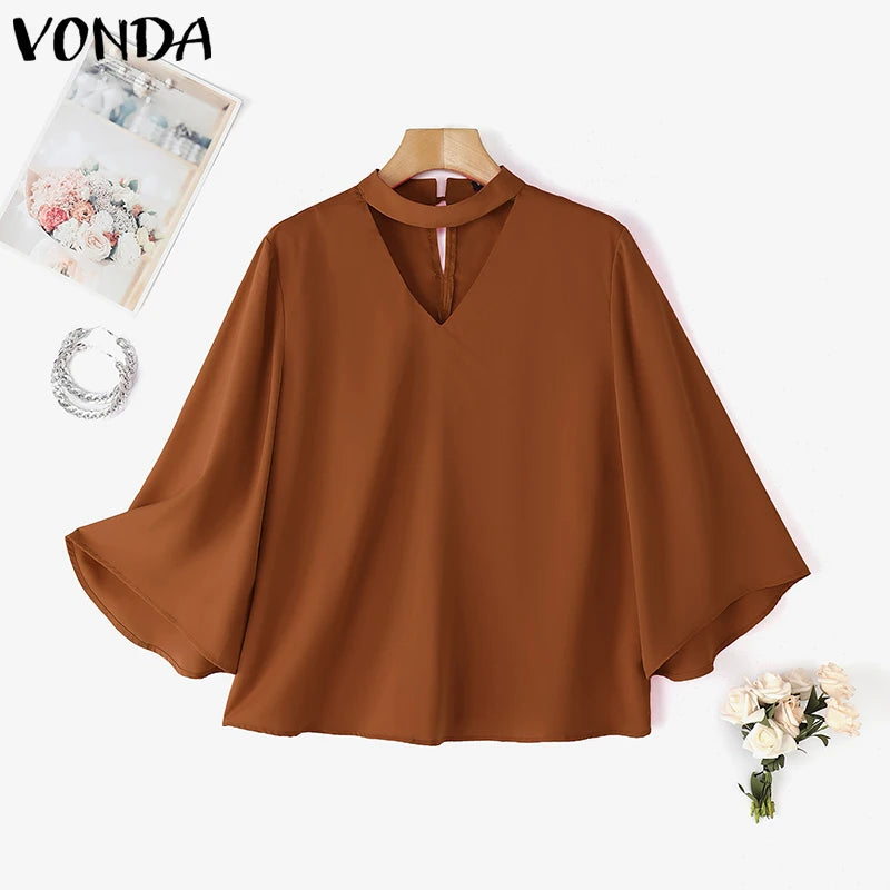 VONDA Plus Size Fashion Blouse Women Elegant OL Shirts Casual Hollow Out V Neck Solid Color Tunic Tops 3/4 Sleeve Blusas 5XL