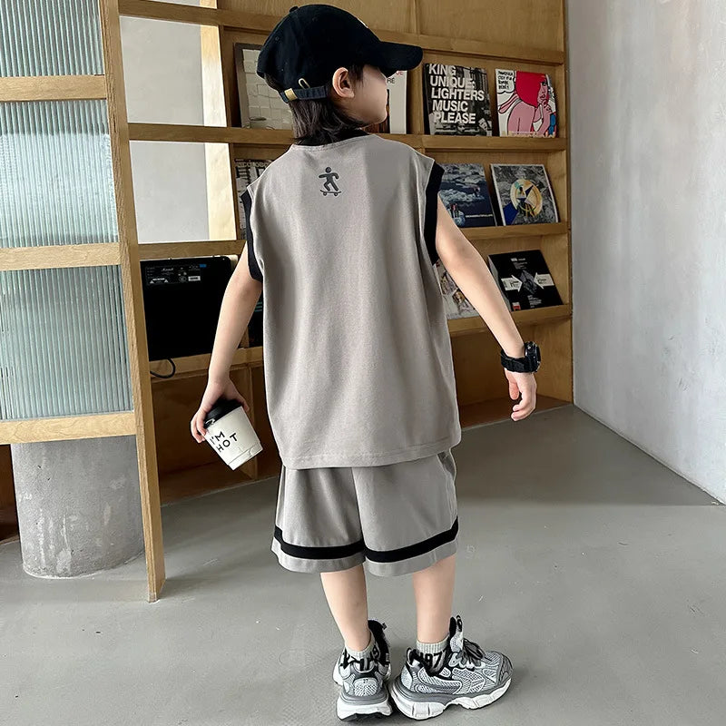 Summer 5-10 Years Old Boys' Sportswear Set 2025 Casual Loose Sleeveless Outfit | Trendy 2Pcs Clothing Letters Kids' Outfit