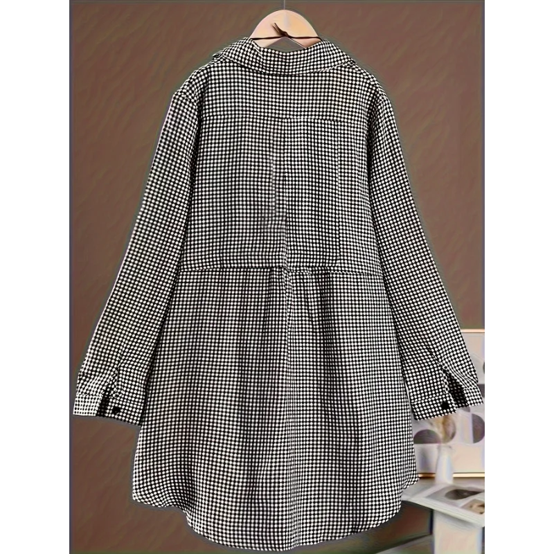 Plus Size New Korean Fashion Blouses Plaid Button Solid Midi Autumn Shirt Female All-match Loose Long Sleeve Polo-Neck Blouse