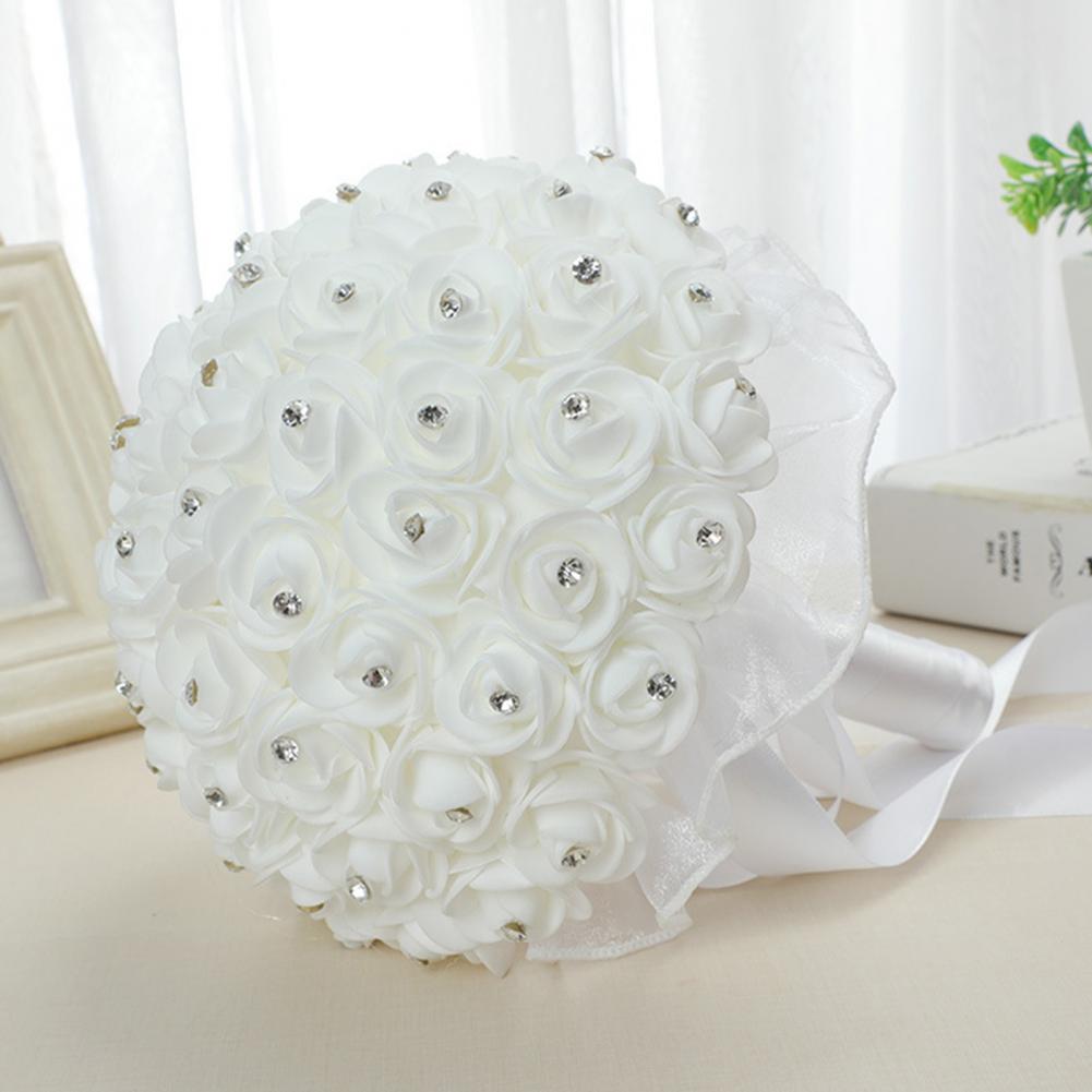 White Faux Silk Diamond Flower Ribbon Bouquet Wedding Bridal Holding Rose Bouquet Fake Flower for Wedding Decoration Flowers