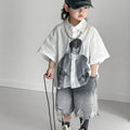 Boys' Sets Button Shirts Denim Shorts Two-piece Summer Suits 2025 New Korean Handsome Children's Street Hole Jeans Suits