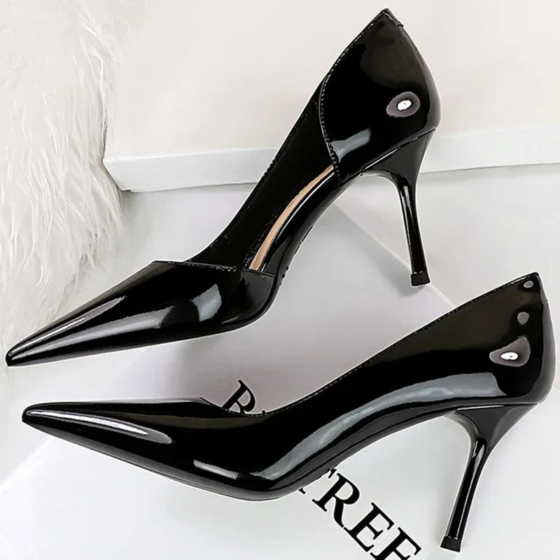 Size 34-43 Women 8cm Thin High Heels Pumps Lady Shallow Pointed Toe Mid Heels Side Hollow Patent Leather Nude Burgundy Red Shoes