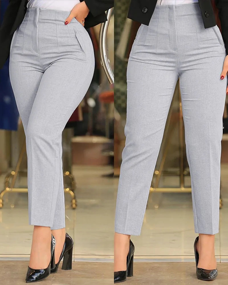 Elegant High Waist Cropped Work Pants for Women Black All-Match Daily Office Formal Wear Fashion Women's Trousers Slim Pants