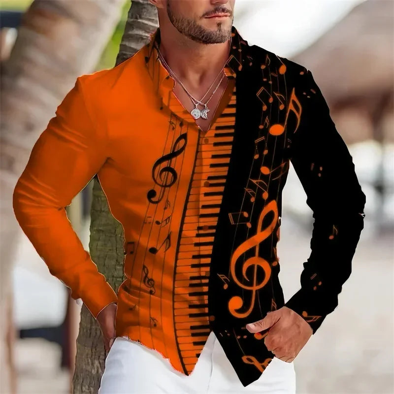 2024 Summer Men's Long Sleeves Shirt with Musical Instrument Symbol Pattern Printed Collar, Cardigan, Street Casual Shirt