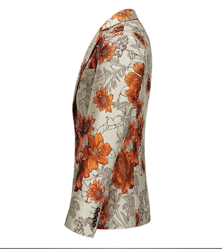 Men Suit 2 Pieces Orange Flower Pattern One Button Business Casual For  Wedding Birthday Party Set Jacket And Pants
