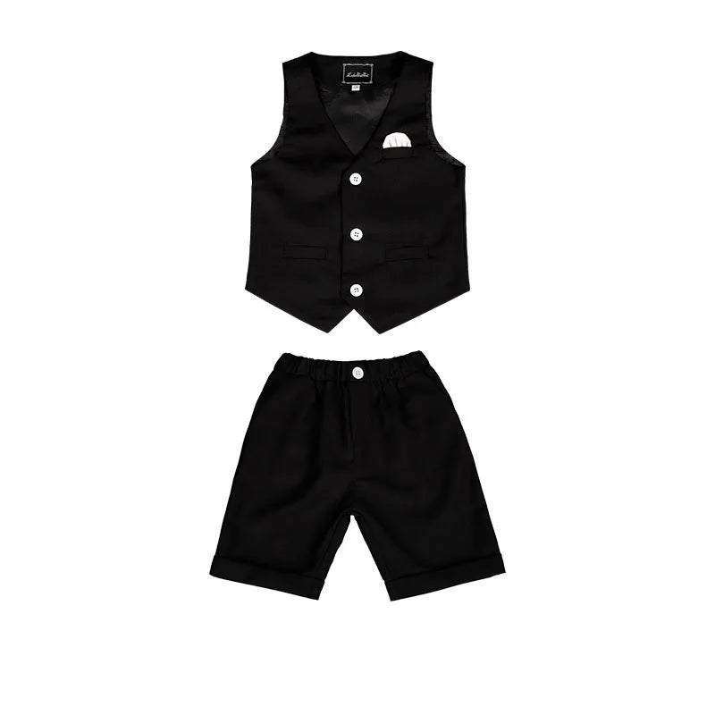 Boys Summer Vest Dress 3Pieces/Set Vest Shorts Bowtie Photograph Suit School  Performance Clothing Set Children Wedding Custome