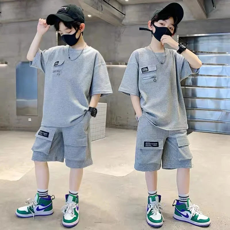 Summer Boys Sets Children Casual Clothing Suits Teenager Sports T-shirts Suits Big Kids Short Sleeves Tops+Shorts 2Pcs Outfits
