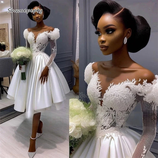 Knee-Length Civil Wedding Dress Long Sleeves Lace Appliques Satin A-Line Off Shoulder Bridal Gown Customized 2025 Short Vestido