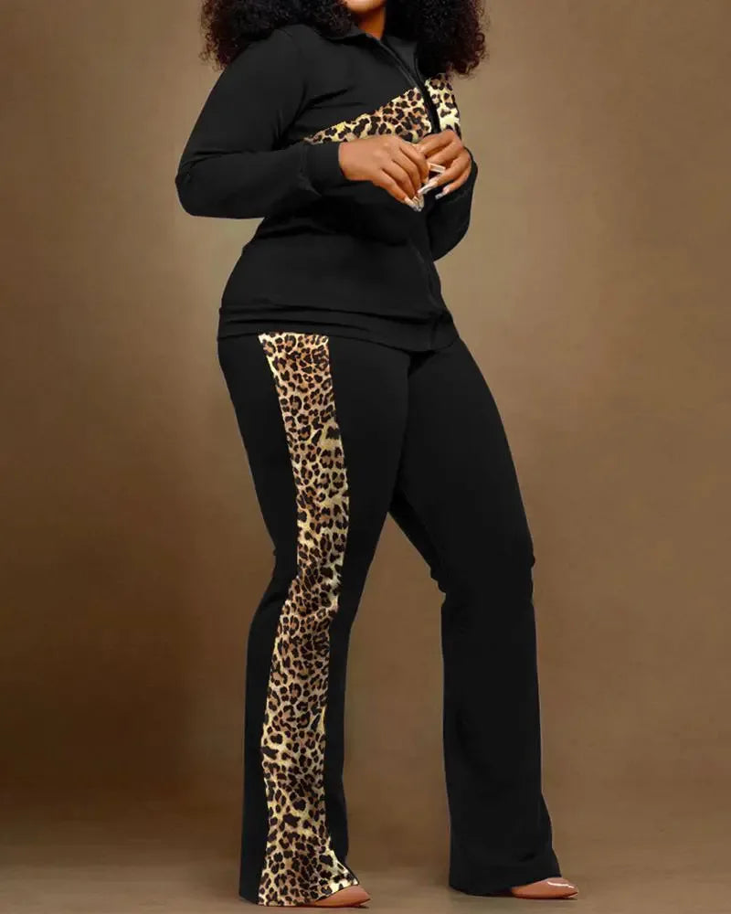 2023 Women Print Zipper Stand Collar Sheath Tops Two Piece Sets Full Sleeve Casual Long Straight Pants Set Autumn Winter