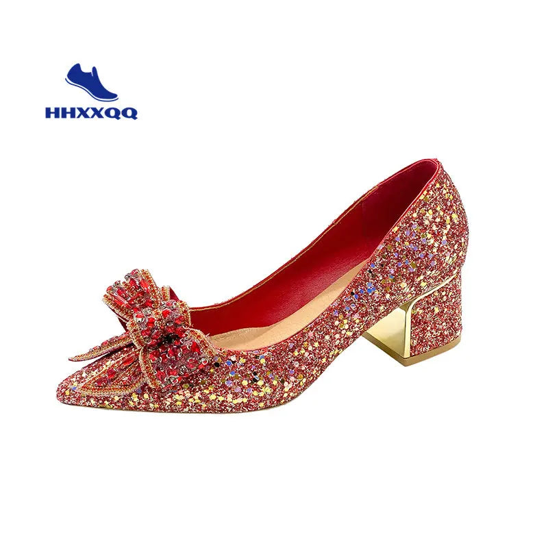 Wedding Shoes for Women 2024 Brand Fashion Women's High Heels Summer Pointed Toe New Crystal Butterfly-knot Bride Shoes