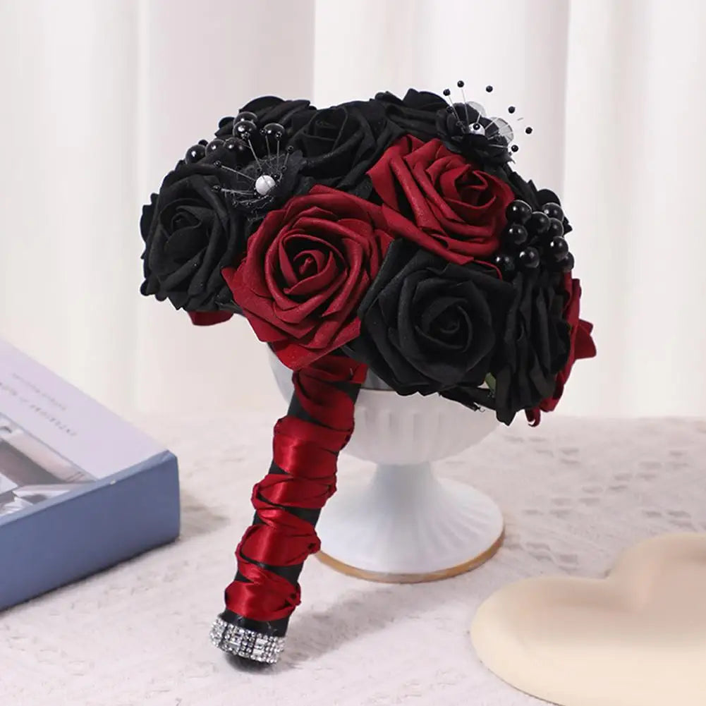 Yannew Black Burgundy Gothic Bridal Bouquets for Bride Bridesmaids Artifiicial Silk Foam Roses Flower Wedding Bouquet Halloween