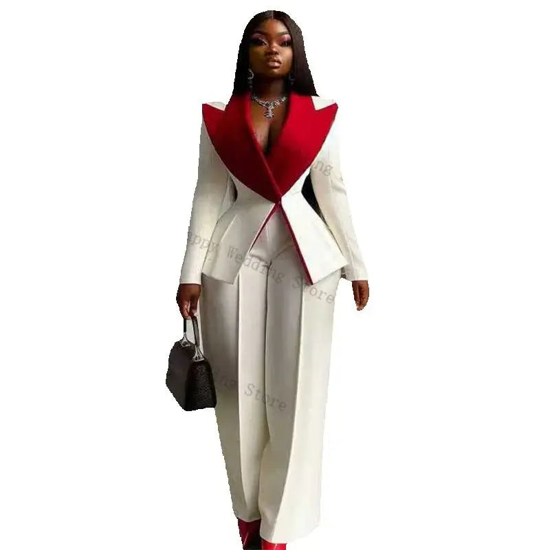 White Women Suit Set 2 Piece Blazer+Pants Trousers Red Lapel Cotton Formal Office Business Lady Jacket Customized Wedding Coat