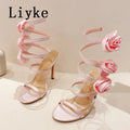 Liyke Elegant Women Wedding Banquet Shoes Fashion Silk Flowers Designer Sandals Female Open Toe Slip On Ankle Strap High Heels