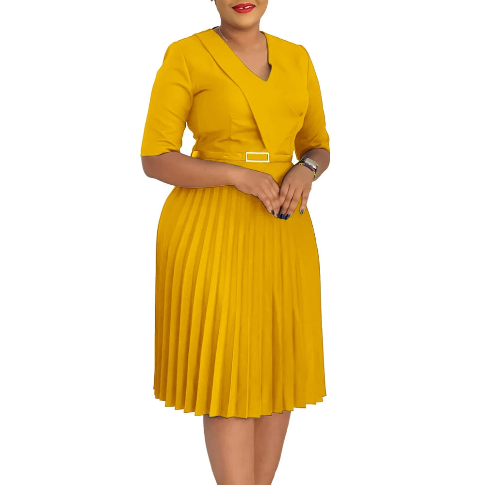 Church Dresses for Women Elegant V Neck Half Sleeves Pleated A-Line Midi Dress Female Classy Modest African Summer Fashion Gowns