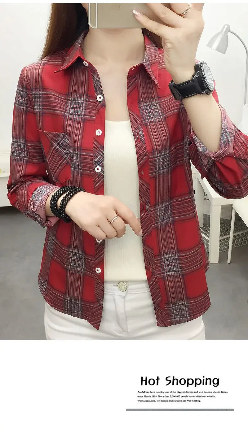 2024 Autumn New College Style Plaid Shirts Womens Long sleeve Button Down Casual Tops Loose Fashion Polo Neck Blouses