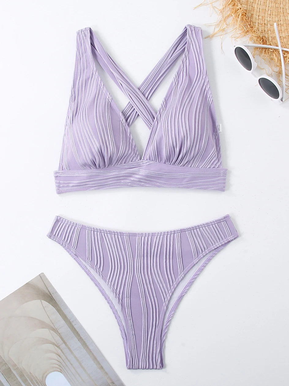 Sexy Criss Cross Tie Back Bikini Women's Swimsuit 2024 Swimwear Trend Bathing Suits Hight Waist Bikinis Sets Push Up Beach Wear