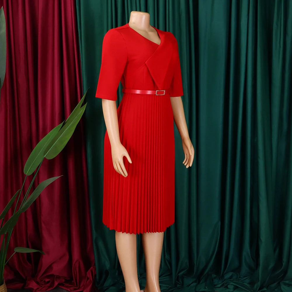 Church Dresses for Women Elegant V Neck Half Sleeves Pleated A-Line Midi Dress Female Classy Modest African Summer Fashion Gowns