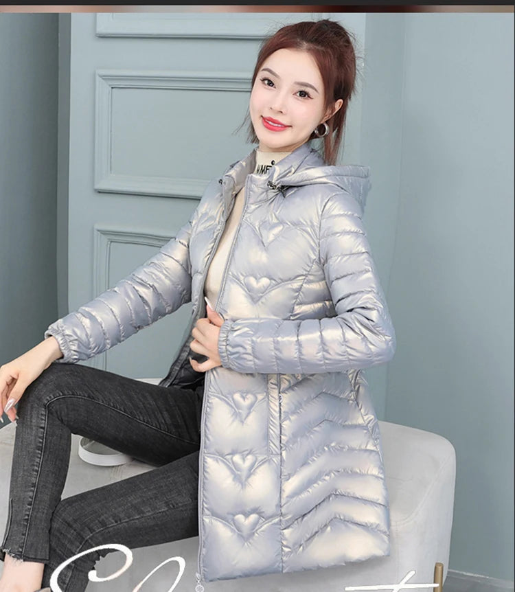 2023 New Winter Jacket Long Coats Women  Hooded Glossy DownCotton Jacket Warm Casual Parka Padded Cotton Coat Female