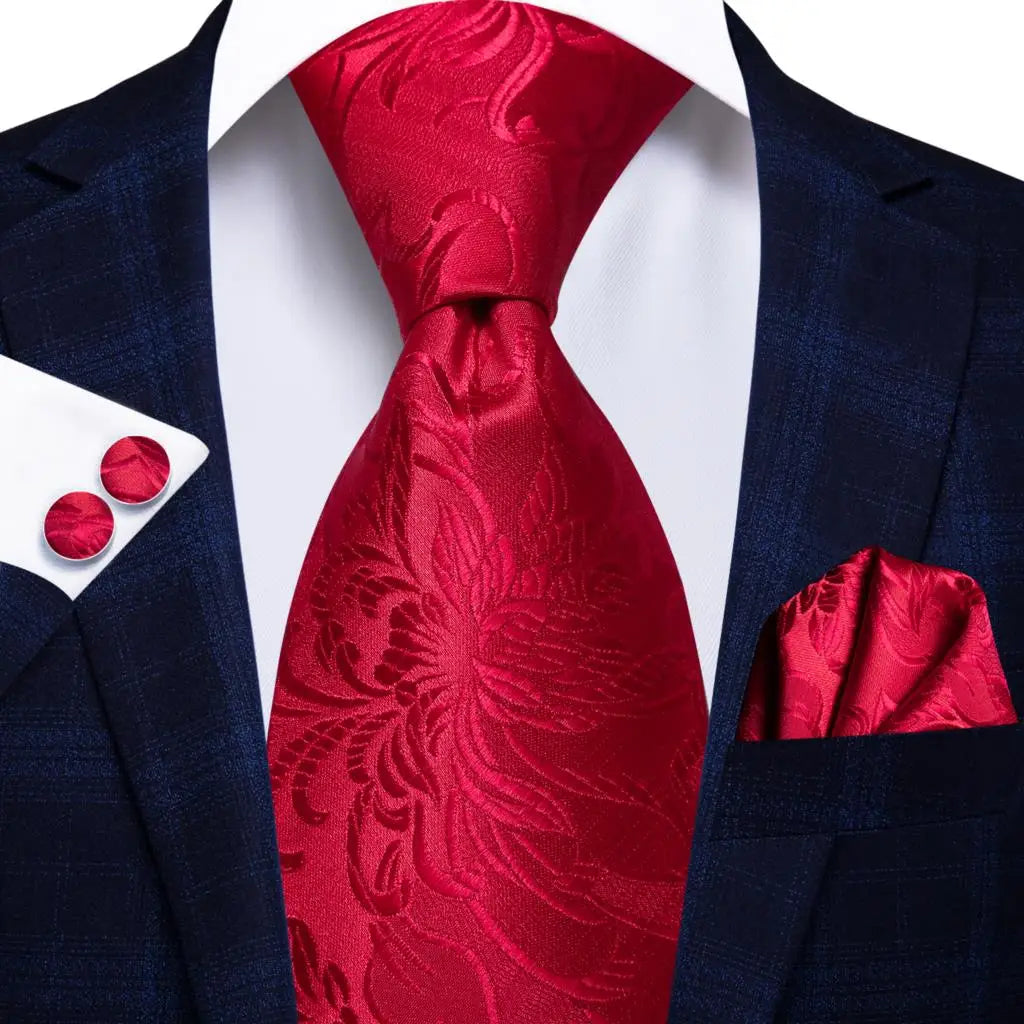 Hi-Tie Designer Red Burgundy Plaid Silk Wedding Tie For Men Handky Cufflink Gift Mens Necktie Fashion Business Party Dropshiping