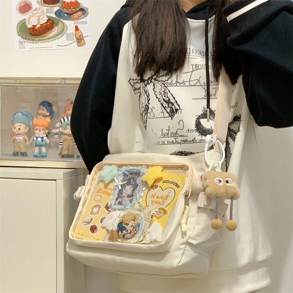 Women Ita Bag Japanese Style Shoulder Purse with Clear Window Cartoon Book Bag Multi-pockets Adjustable Strap Trendy Outdoor Bag