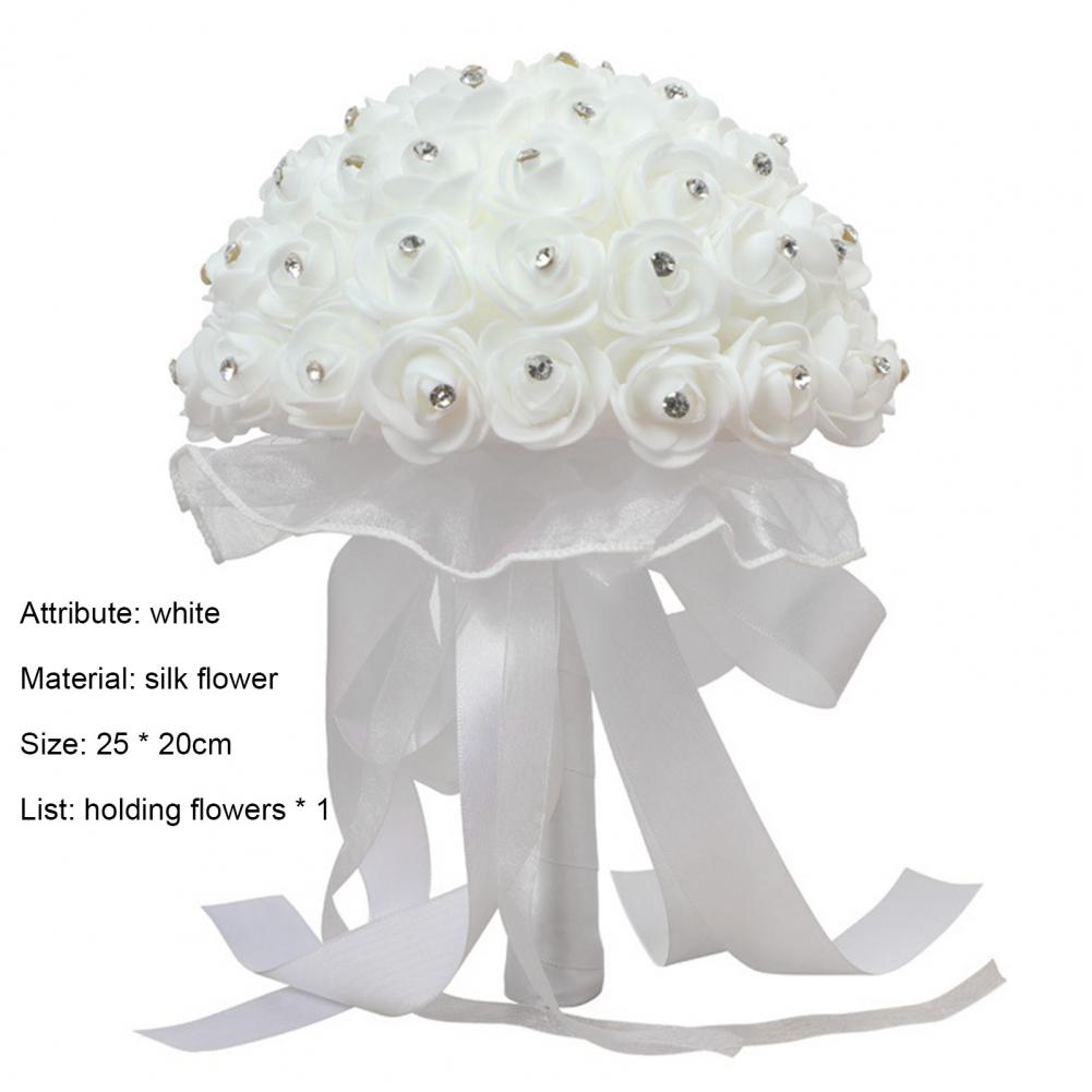 White Faux Silk Diamond Flower Ribbon Bouquet Wedding Bridal Holding Rose Bouquet Fake Flower for Wedding Decoration Flowers