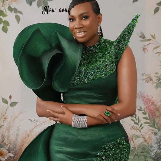 Aso Rbi Emerald Green Prom Dresses Mermaid One Shoulder Second Reception Gowns Plus Size Satin Wedding Guest Gown Customized New