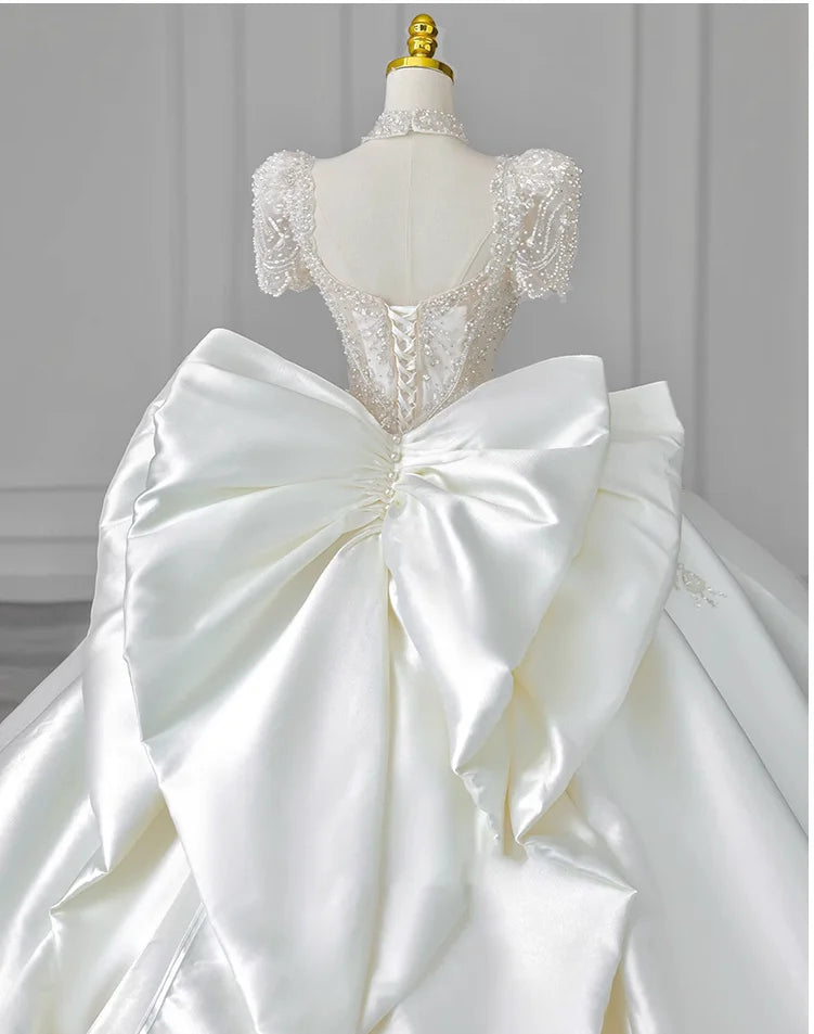 Satin white French light wedding dress 2023 new bride high-quality texture trailing summer court style main yar