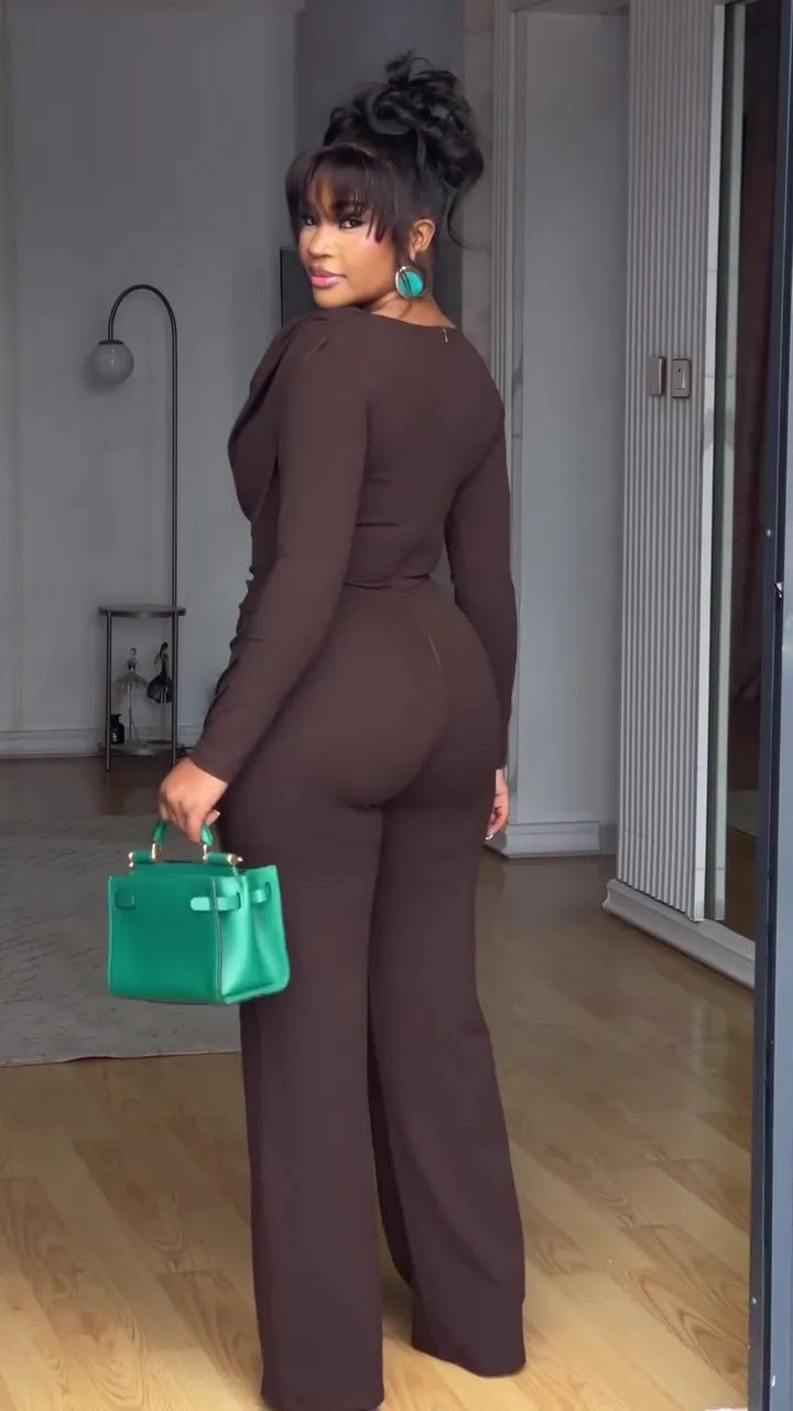 Swing Collar Ruched Jumpsuit Long Sleeve Solid Elegant Office Lady Asymmetric Hem Casual Vintage Ruched Slim Rompers Autumn