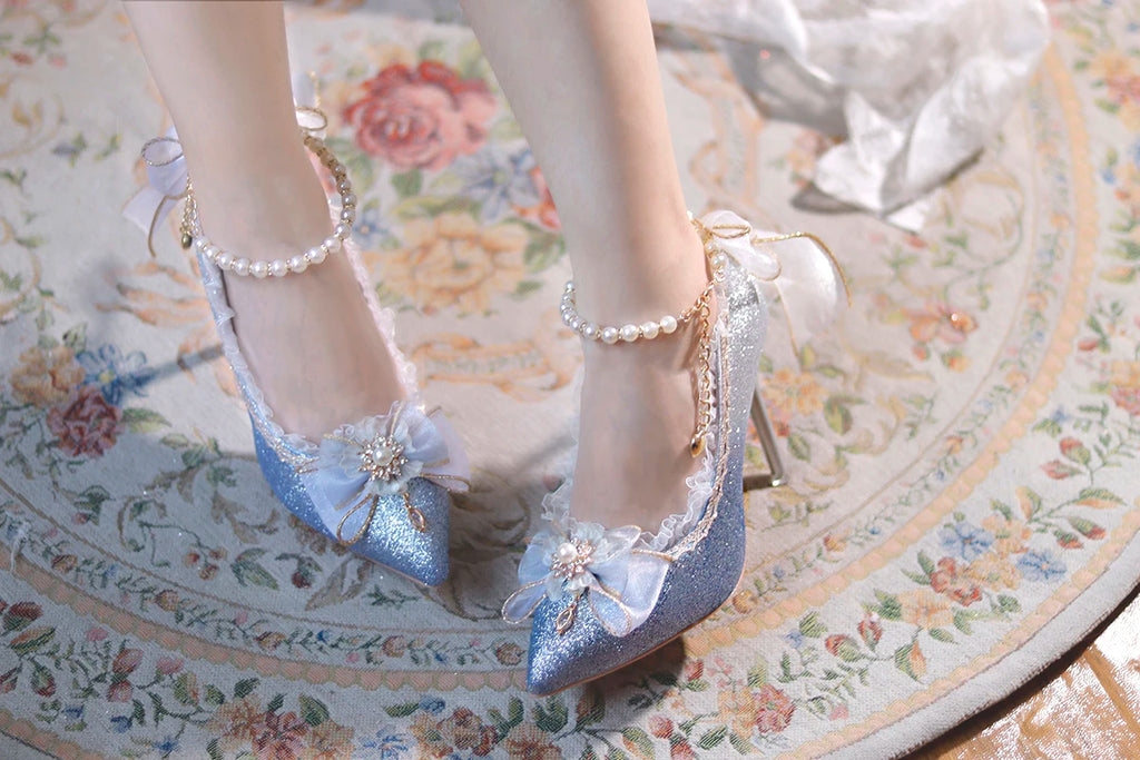 Lolita High Heels One Night Story Lolita Shoes Shiny Pointed High Heels Flower Wedding Ceremony 18 Year Old Slim Heels