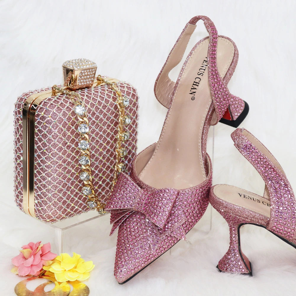 Venus Chan Bridal High Heels for Women 2023 Pointed Toe With Bows Gold Color Rhinestone  Elegant Party Wedding Shoe and Bag Set