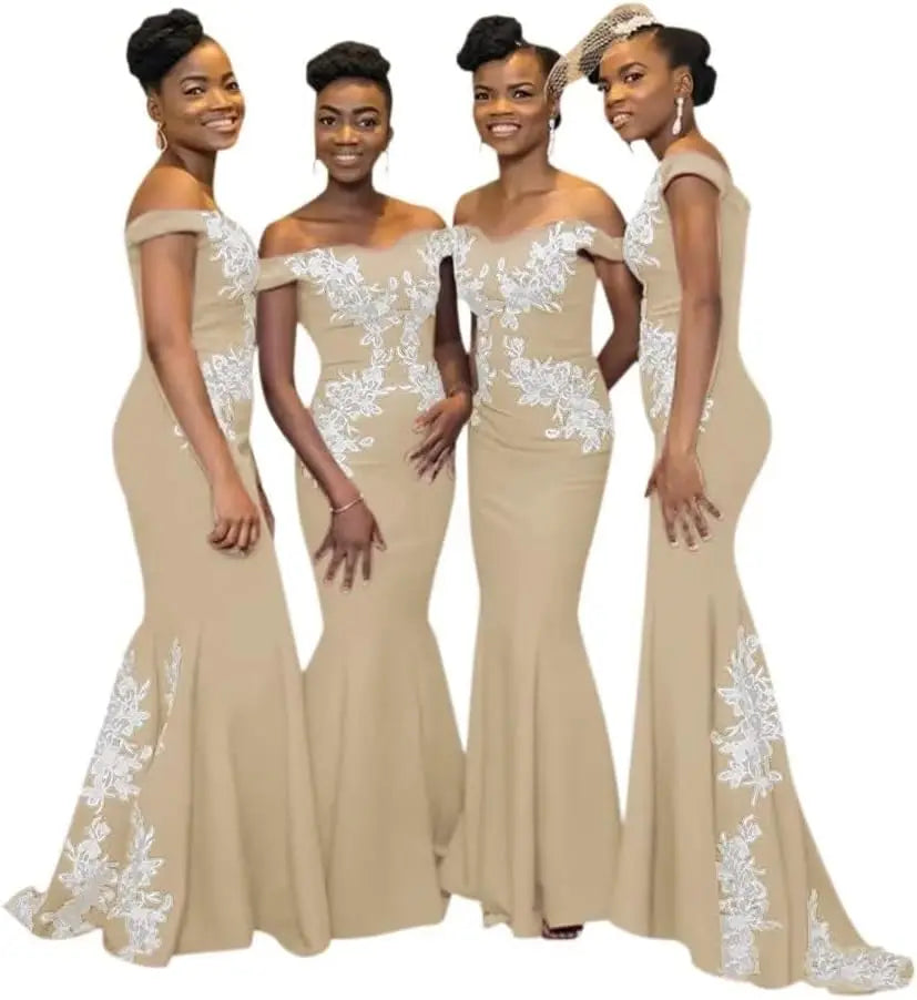 Burgundy Womens Off The Shoulder Mermaid Bridesmaid Dresses for Wedding Lace Satin Prom Dresses Long Formal Evening Gowns Africa