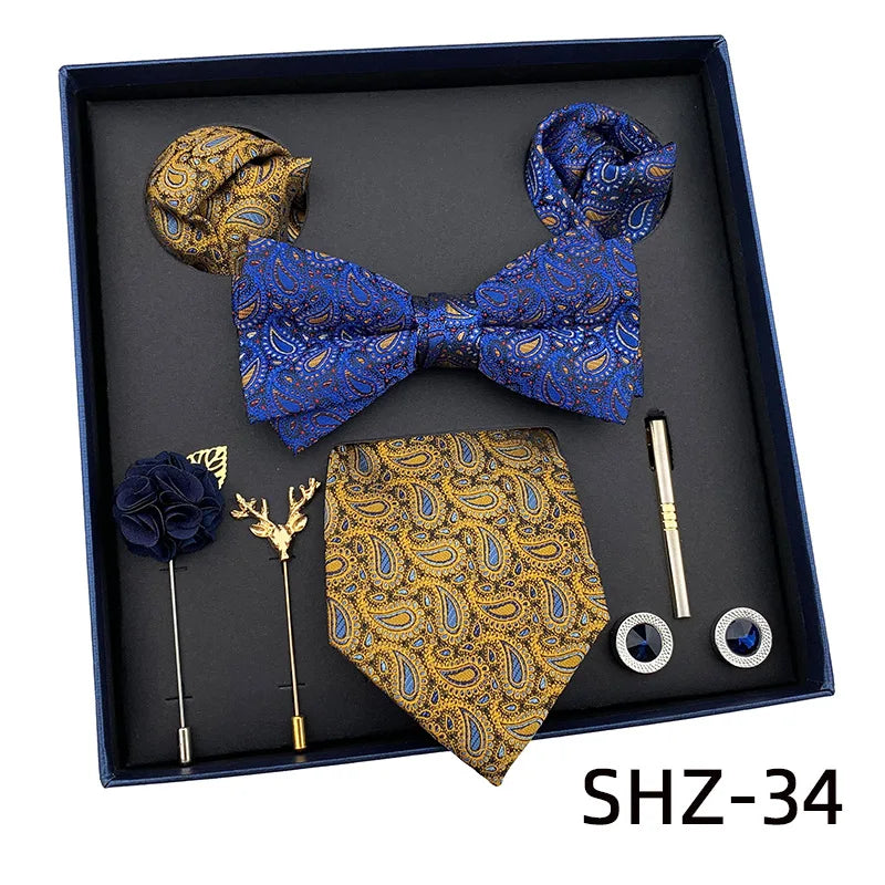 Vintage Green Men's Tie Set Luxury Neck Ties For Wedding Gift Bowtie Handkerchief Cufflinks Tie Clip Brooch Set For Male Necktie