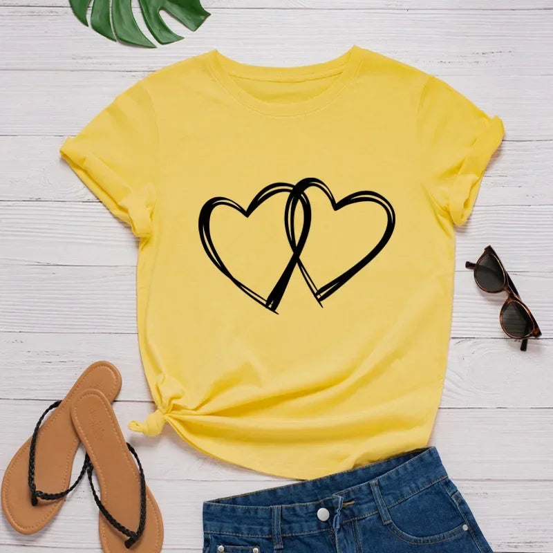Double Heart Print Women T Shirt Short Sleeve O Neck Loose Women Tshirt Ladies Fashion Tee Shirt Tops Clothes