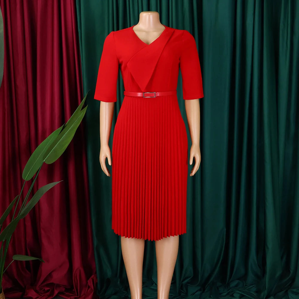 Church Dresses for Women Elegant V Neck Half Sleeves Pleated A-Line Midi Dress Female Classy Modest African Summer Fashion Gowns